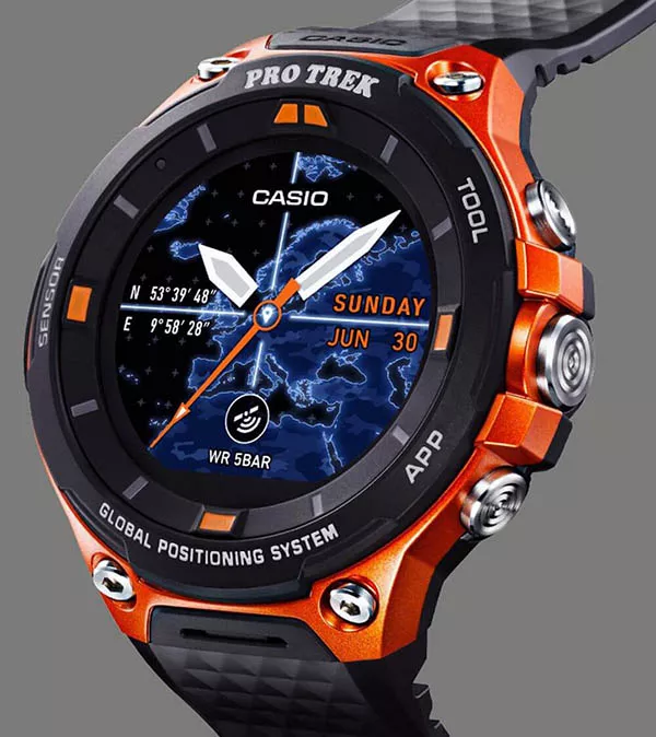 Casio Pro Trek WSD-F20 Smartwatch
The Casio Pro Trek WSD-F20 Smartwatch is equipped with GPS capabilities. It runs on Google's Android Wear operating system and has all the features you'd expect from a smartwatch