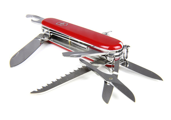 A Swiss Army type of knife is a multi-tool that includes a knife, but also has other tools like a screwdriver, can opener, and scissors.