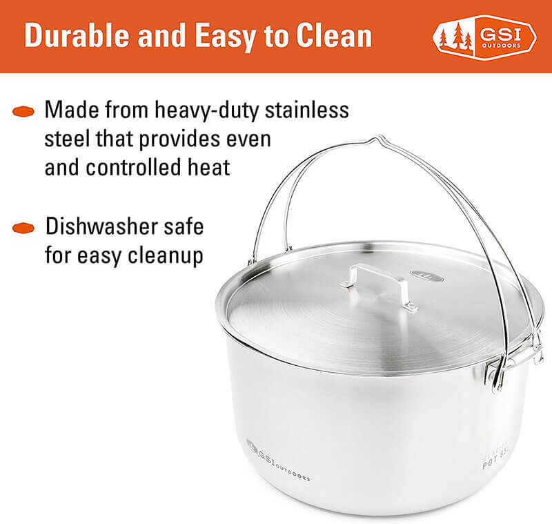  the GSI Stainless Troop Cookset with its nesting design and heavy Duty Stainless steel. It can handle all the banging it gets in outdoors.