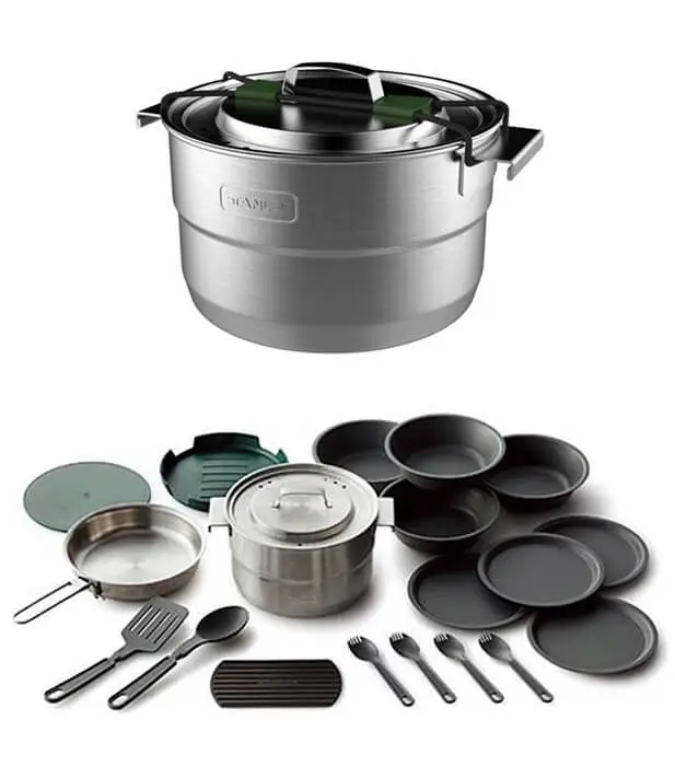 The Stanley Base Camp Cook Set for 4 comes with four plates, four bowls, four mugs, and a pot. The pot is big enough to fit four people's worth of food, and it has a lid so that you can keep your food warm